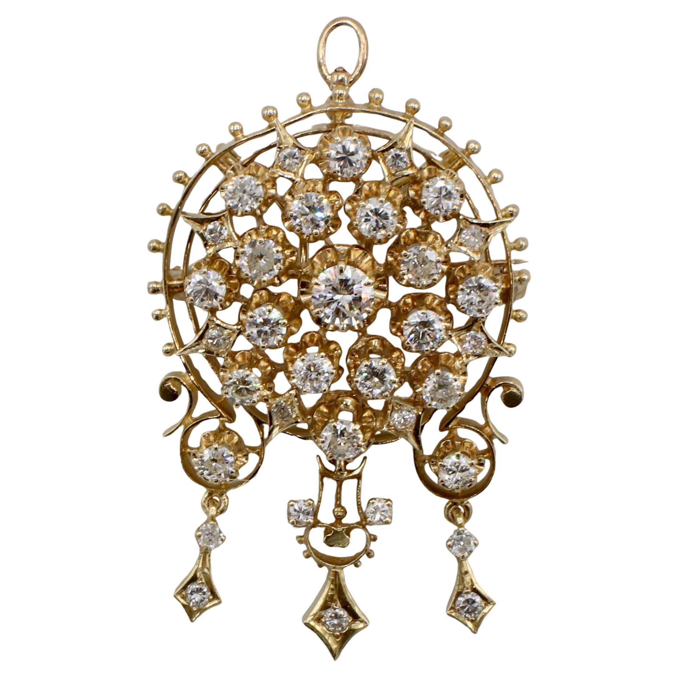 14 Karat Yellow Gold Old European Cut Natural Diamond Pendant Brooch Pin