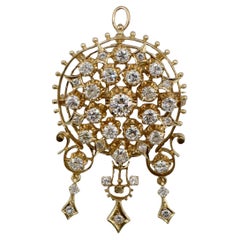 14 Karat Yellow Gold Old European Cut Natural Diamond Pendant Brooch Pin