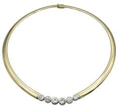 14 Karat Yellow Gold Omega Chain Choker Necklace with Six Bezel Set Diamonds