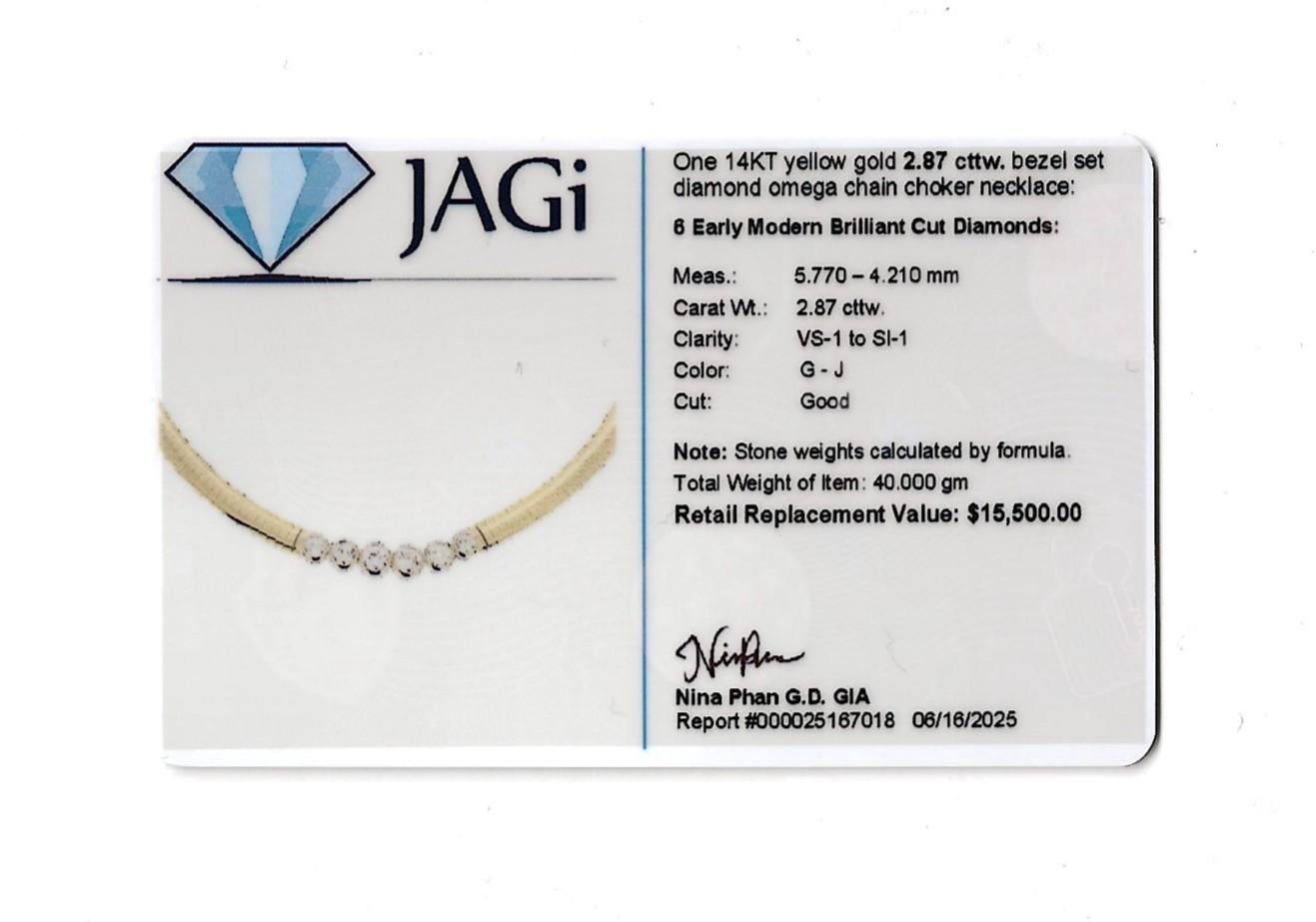 14 Karat Gelbgold Omega-Kette Choker-Halskette mit sechs Diamanten in Lünettenfassung im Angebot 3
