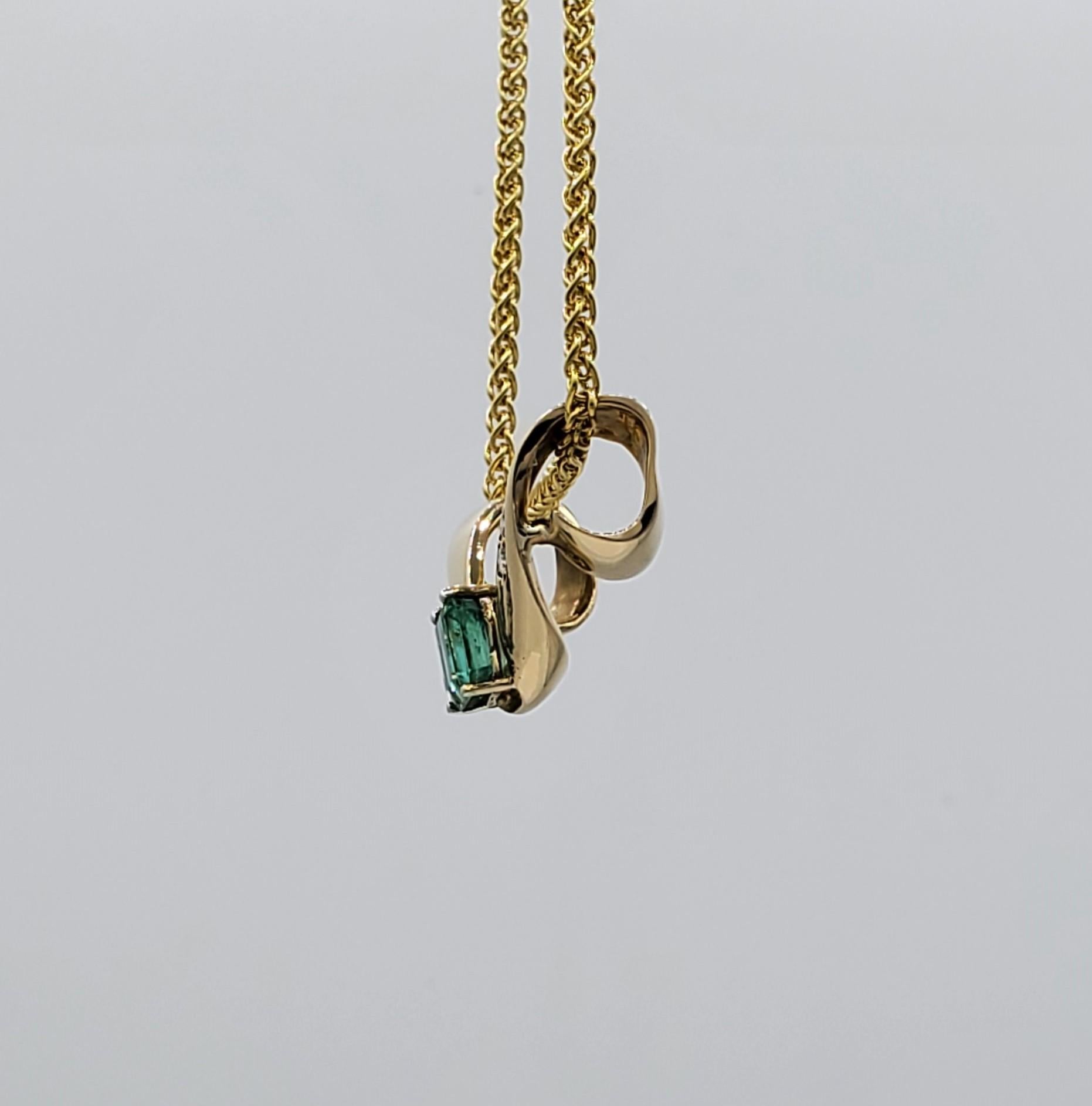 14 Karat Yellow Gold Omega Necklace Enhancer, Vibrant Natural Emerald, Diamonds 1