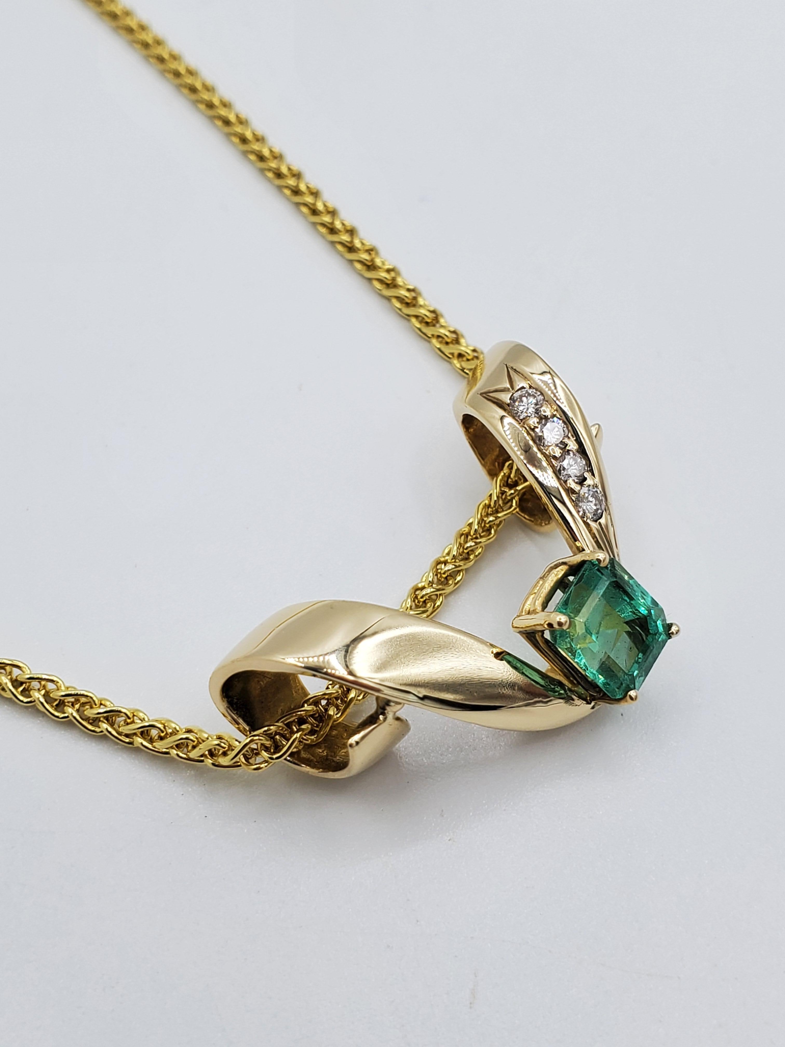 Modern 14 Karat Yellow Gold Omega Necklace Enhancer, Vibrant Natural Emerald, Diamonds