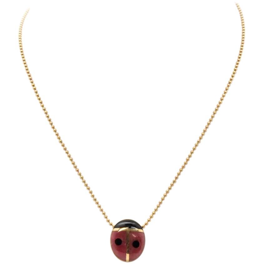 14 Karat Yellow Gold Onyx and Rhodochrosite Gauthier Ladybug Pendant Necklace