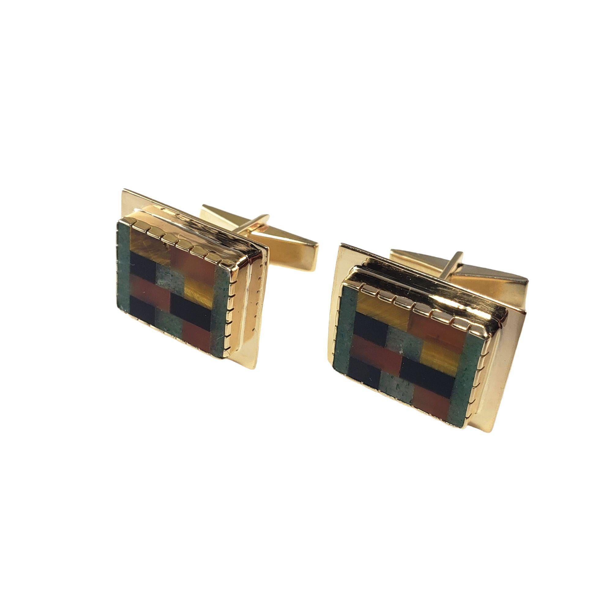 Emerald Cut 14 Karat Yellow Gold Onyx, Carnelian and Tiger's Eye Cufflinks For Sale