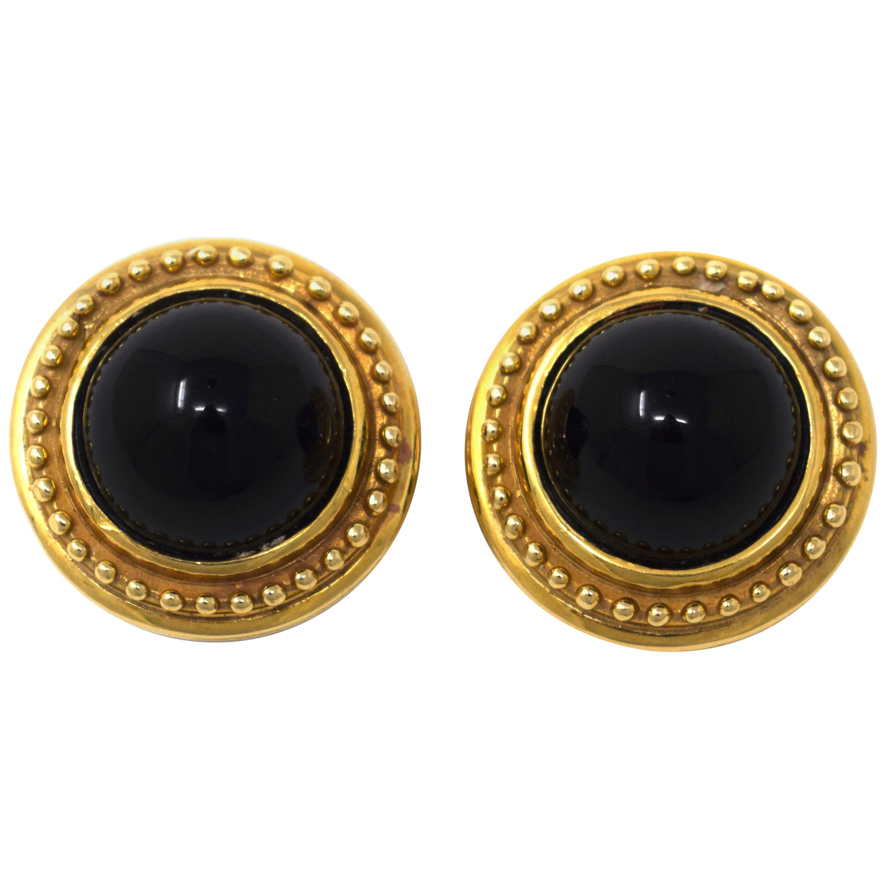 14 Karat Yellow Gold Onyx Clip Earrings For Sale