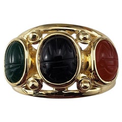 14 Karat Yellow Gold Onyx, Jade and Carnelian Scarab Ring Size 9 #22478