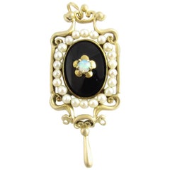 14 Karat Yellow Gold Onyx, Opal and Pearl Brooch or Pendant