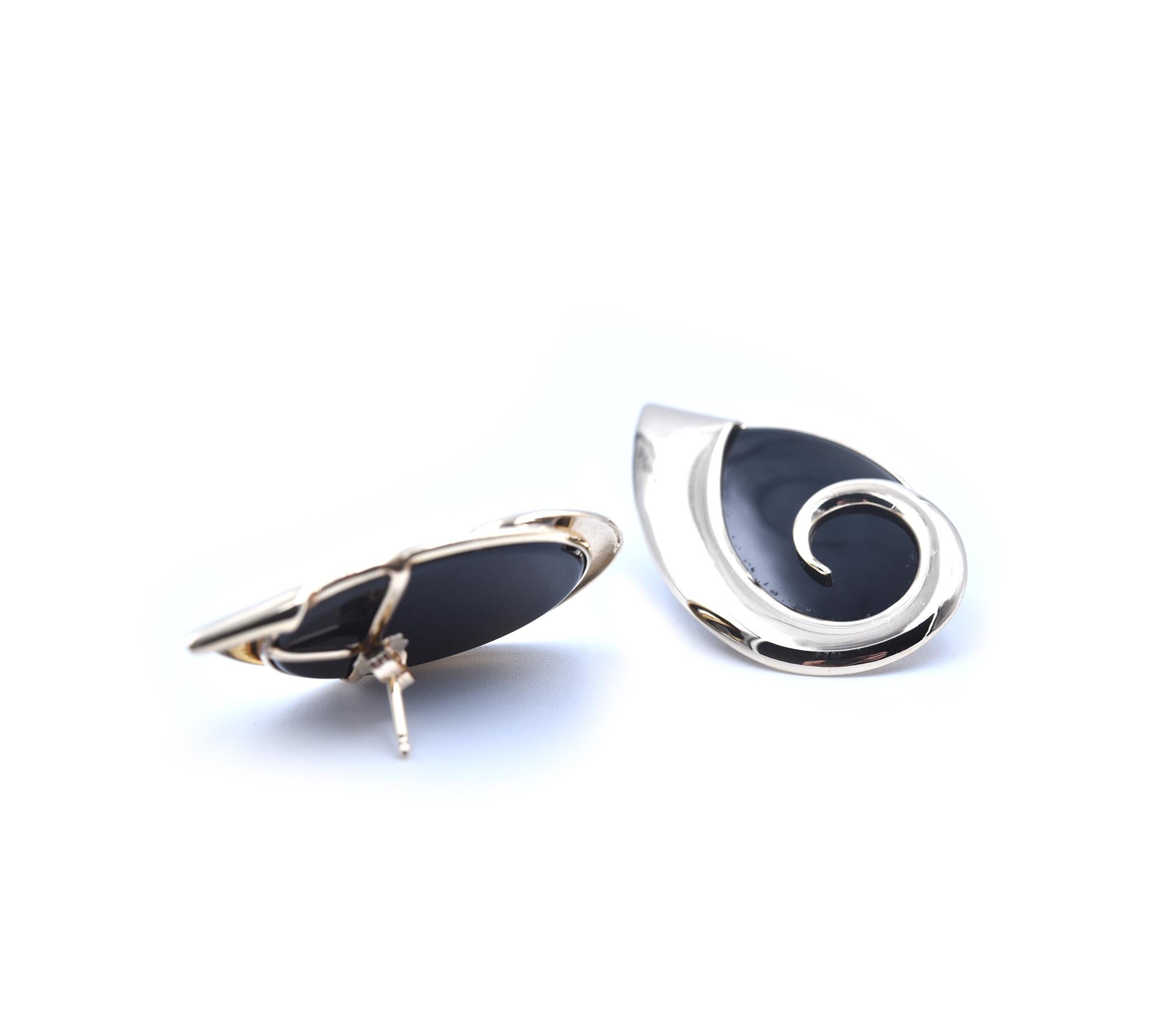 Designer: custom 
Material: 14k yellow gold
Onyx: 2 custom cut onyx
Dimensions: earrings measure 20.80mm x 35.45mm
Fastenings: post with friction backs
Weight: 8.27 grams
