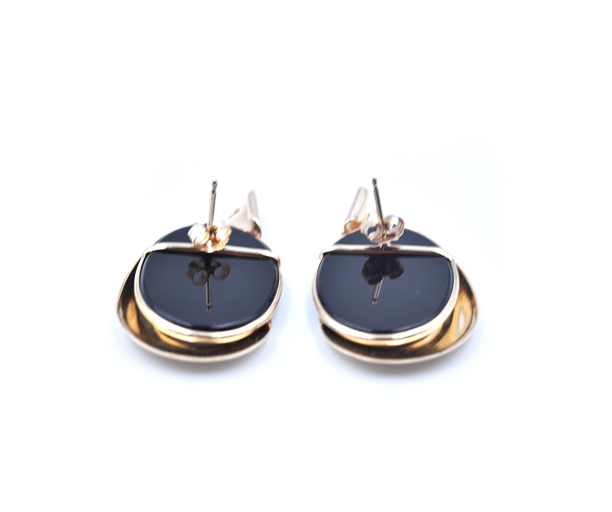 Women's 14 Karat Yellow Gold Onyx Swirl Earrings For Sale