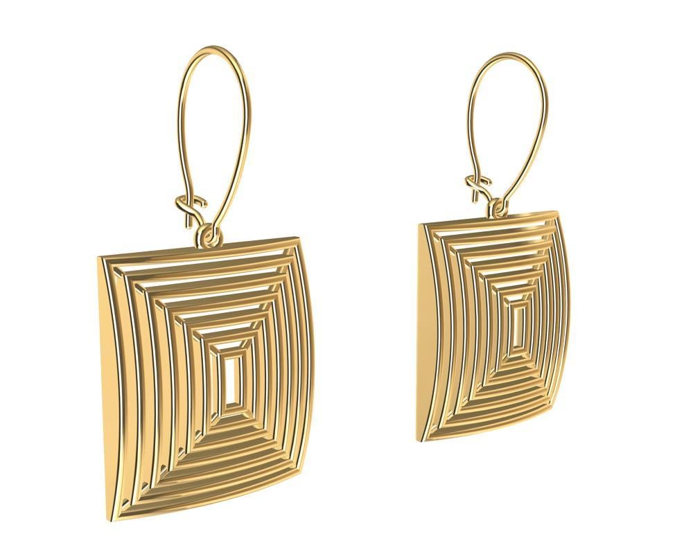14 Karat Yellow Gold  Dome and Concave Reactangles 2 Sided Earrings, These came out of my New Open Air Series. They are inspired from the Op art scene in the 1960's. It is a form of abstract art and is closely connected to Kinetic and Constructivist