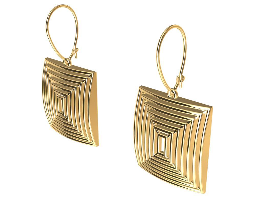 Contemporary 14 Karat Yellow Gold Op Art Domed and Concave Rectangle Dangle Earrings For Sale