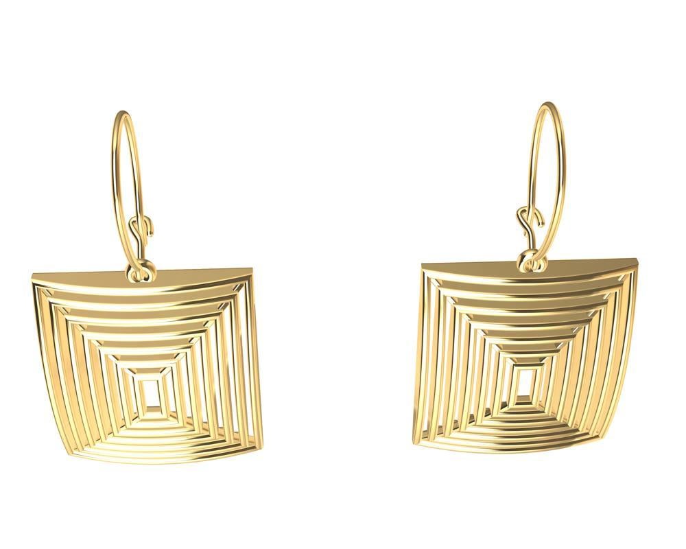14 Karat Yellow Gold Op Art Domed and Concave Rectangle Dangle Earrings In New Condition For Sale In New York, NY