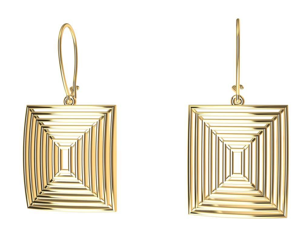 Women's 14 Karat Yellow Gold Op Art Domed and Concave Rectangle Dangle Earrings For Sale