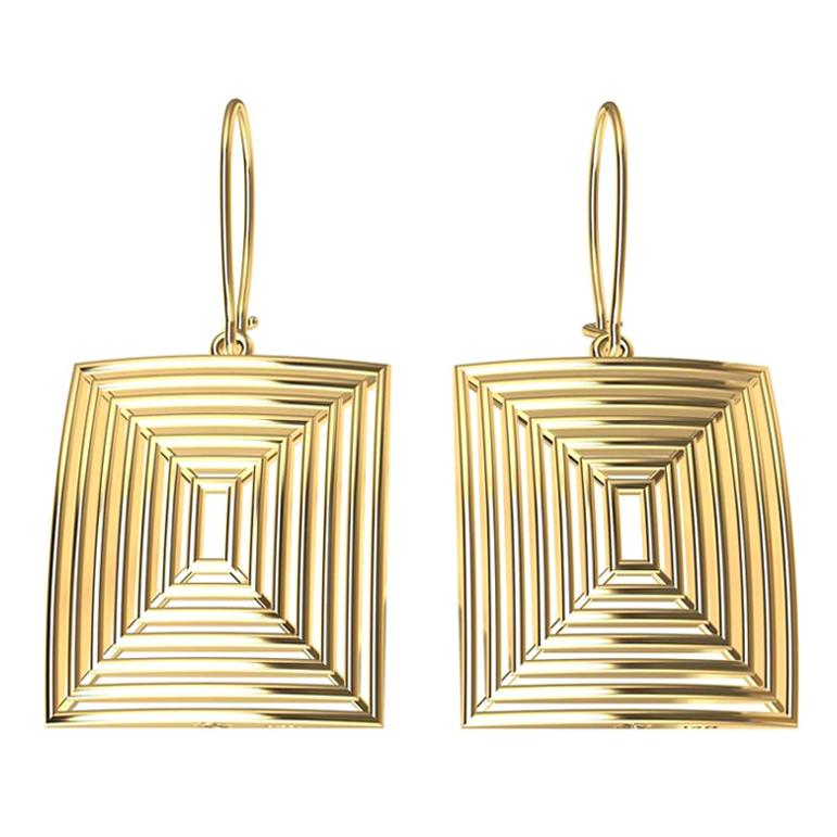 14 Karat Yellow Gold Op Art Domed and Concave Rectangle Dangle Earrings