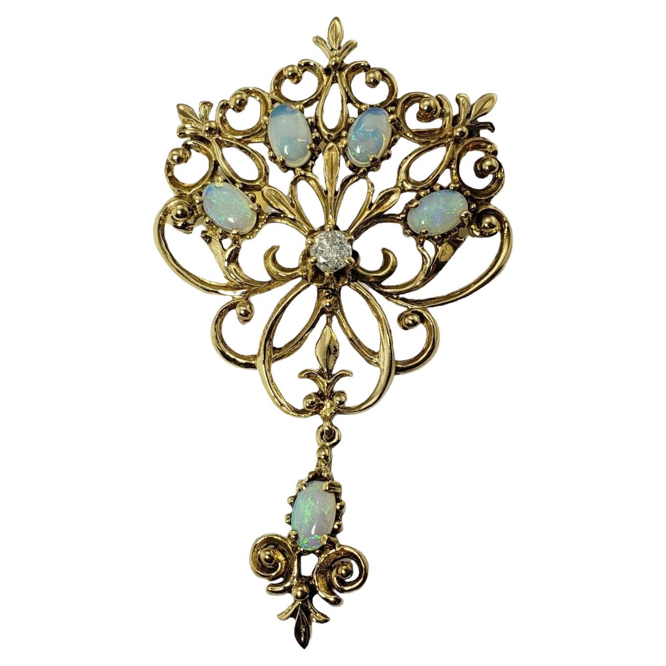14 Karat Yellow Gold Opal and Diamond Brooch / Pin For Sale
