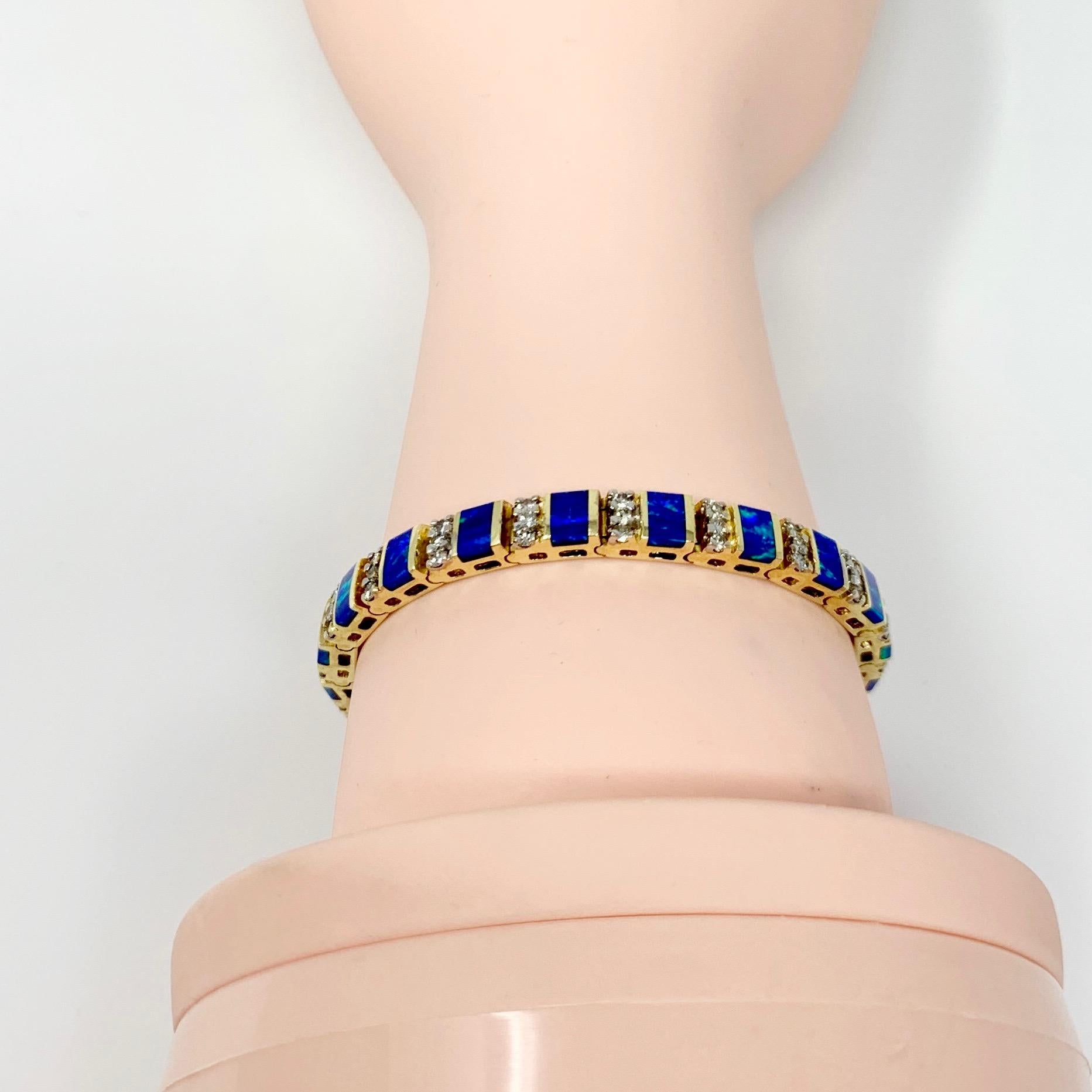 14 Karat Yellow Gold Opal and Diamond Ladies Tennis Bracelet 2