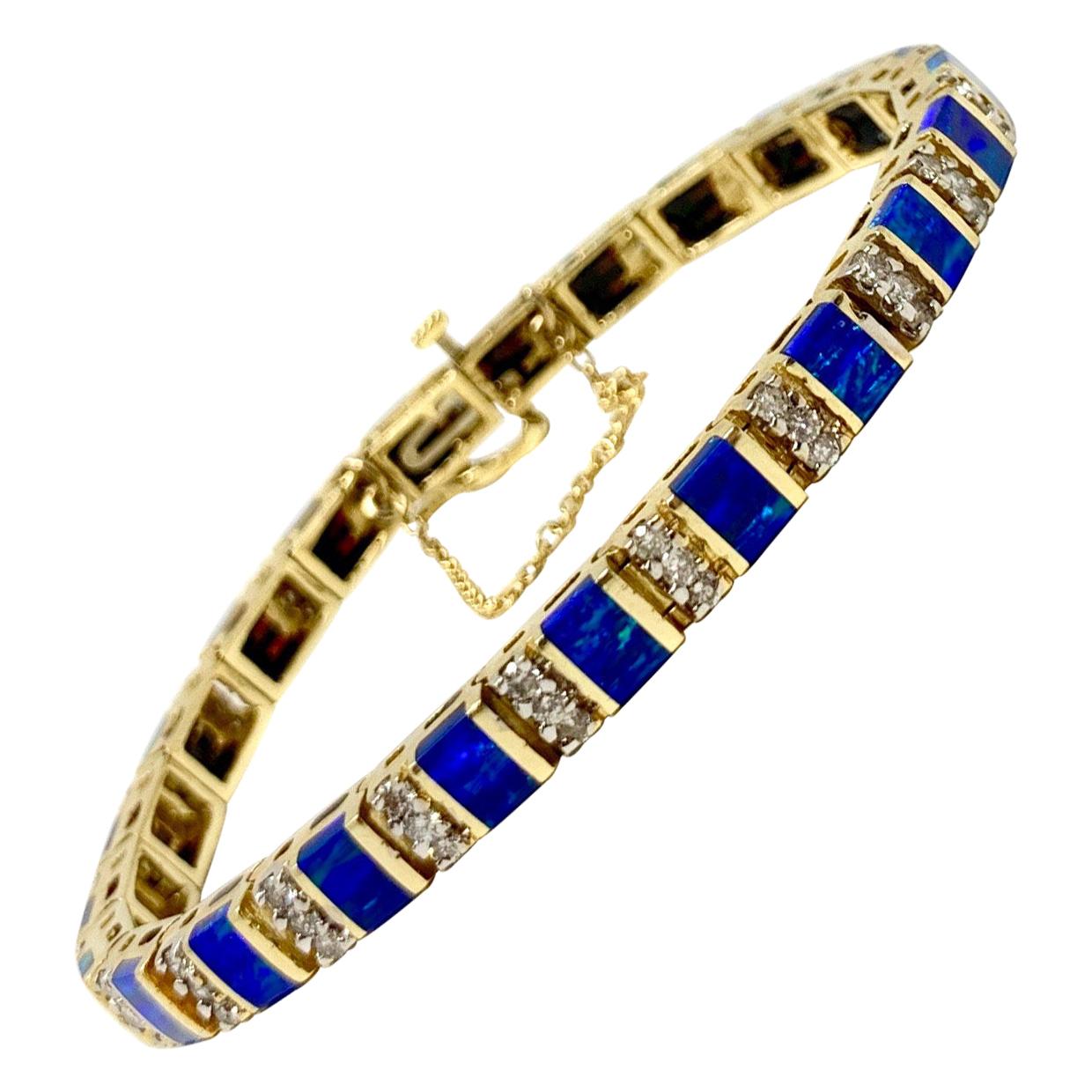 14 Karat Yellow Gold Opal and Diamond Ladies Tennis Bracelet