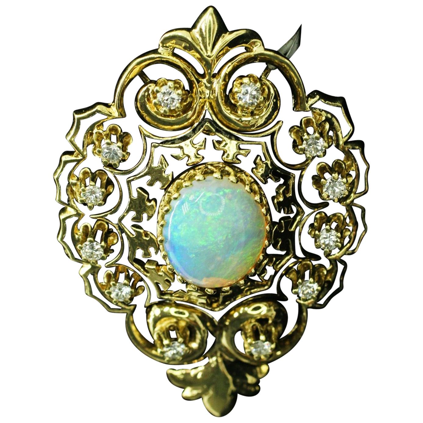 14 Karat Yellow Gold Opal and Diamond Pin-Pendant