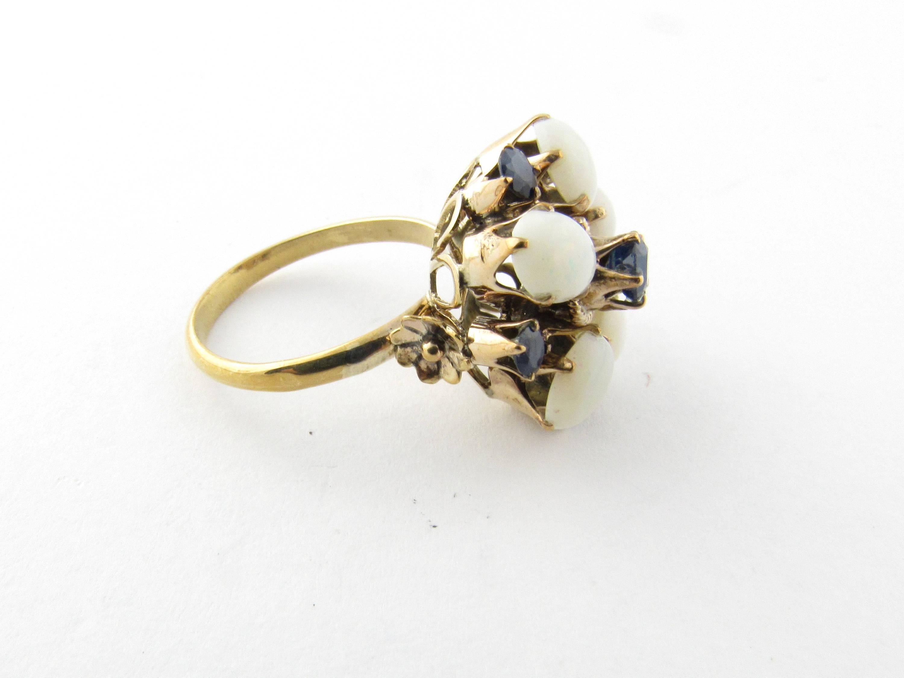 Round Cut 14 Karat Yellow Gold Opal and Sapphire Flower Ring
