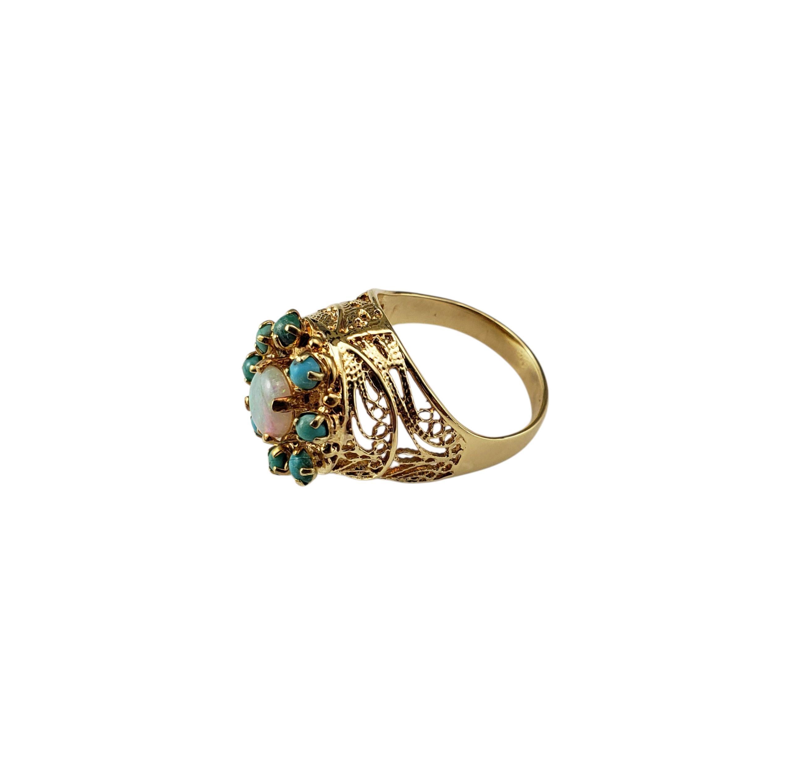 Taille ronde Bague en or jaune 14 carats avec opale et turquoise en filigrane Taille 6 #22469 en vente