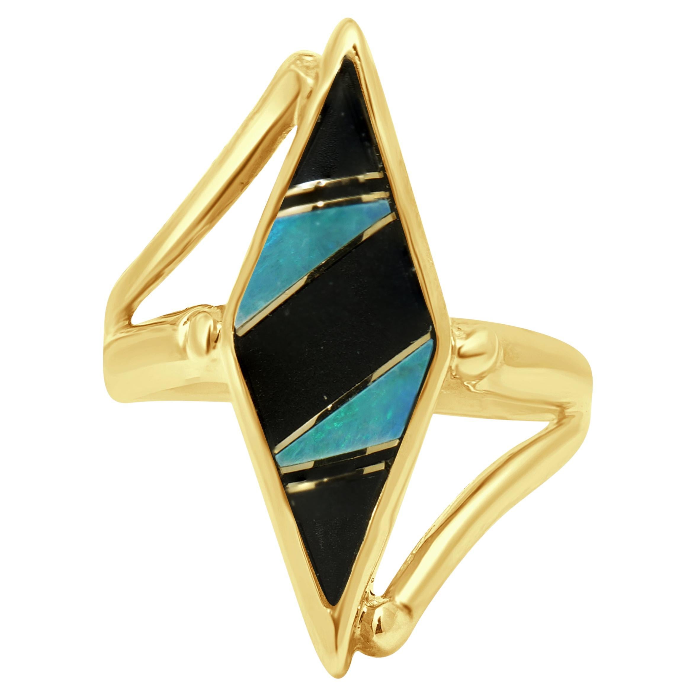14 Karat Yellow Gold Opal & Black Coral Inlay Ring For Sale
