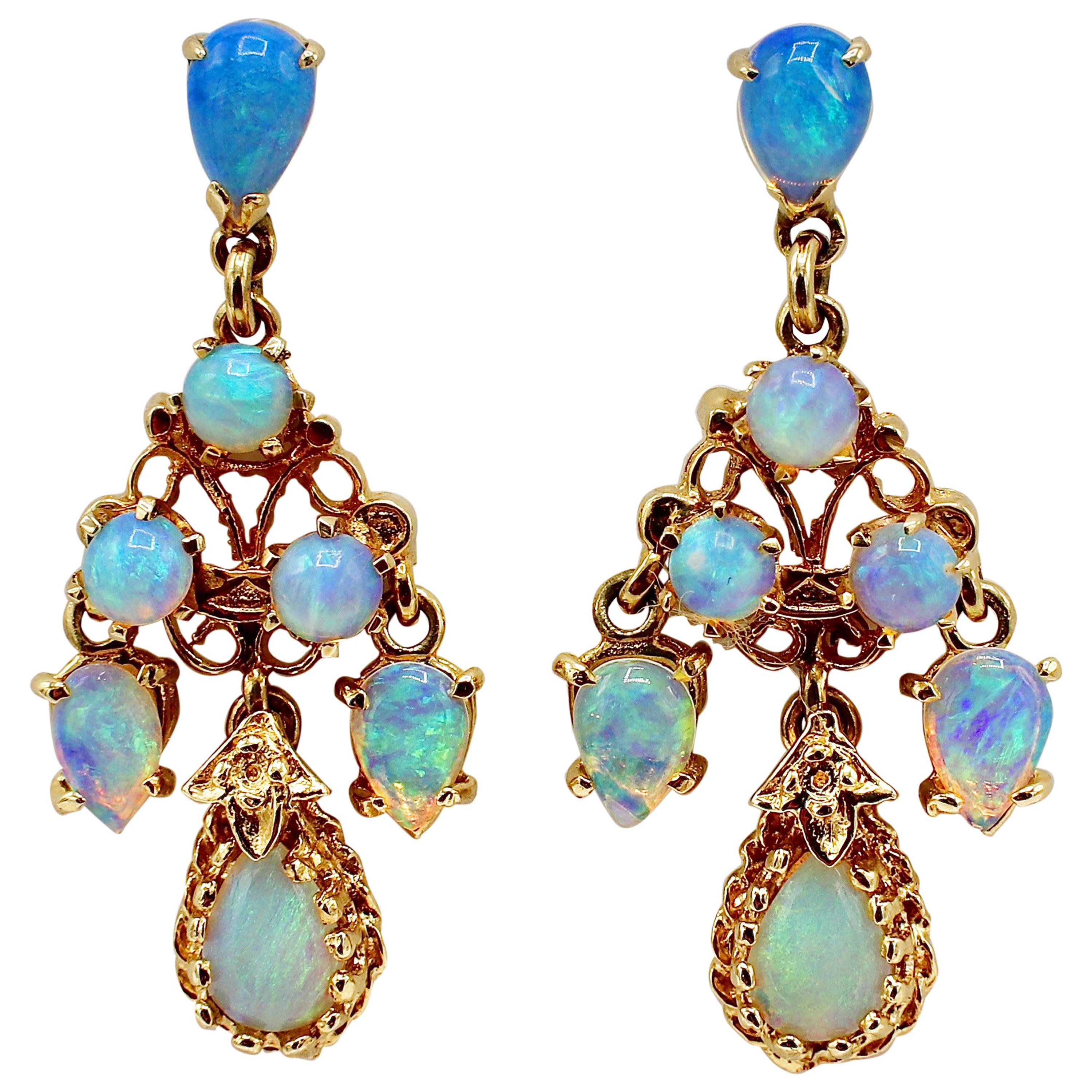 14 Karat Yellow Gold Opal Chandelier Dangle Drop Earrings