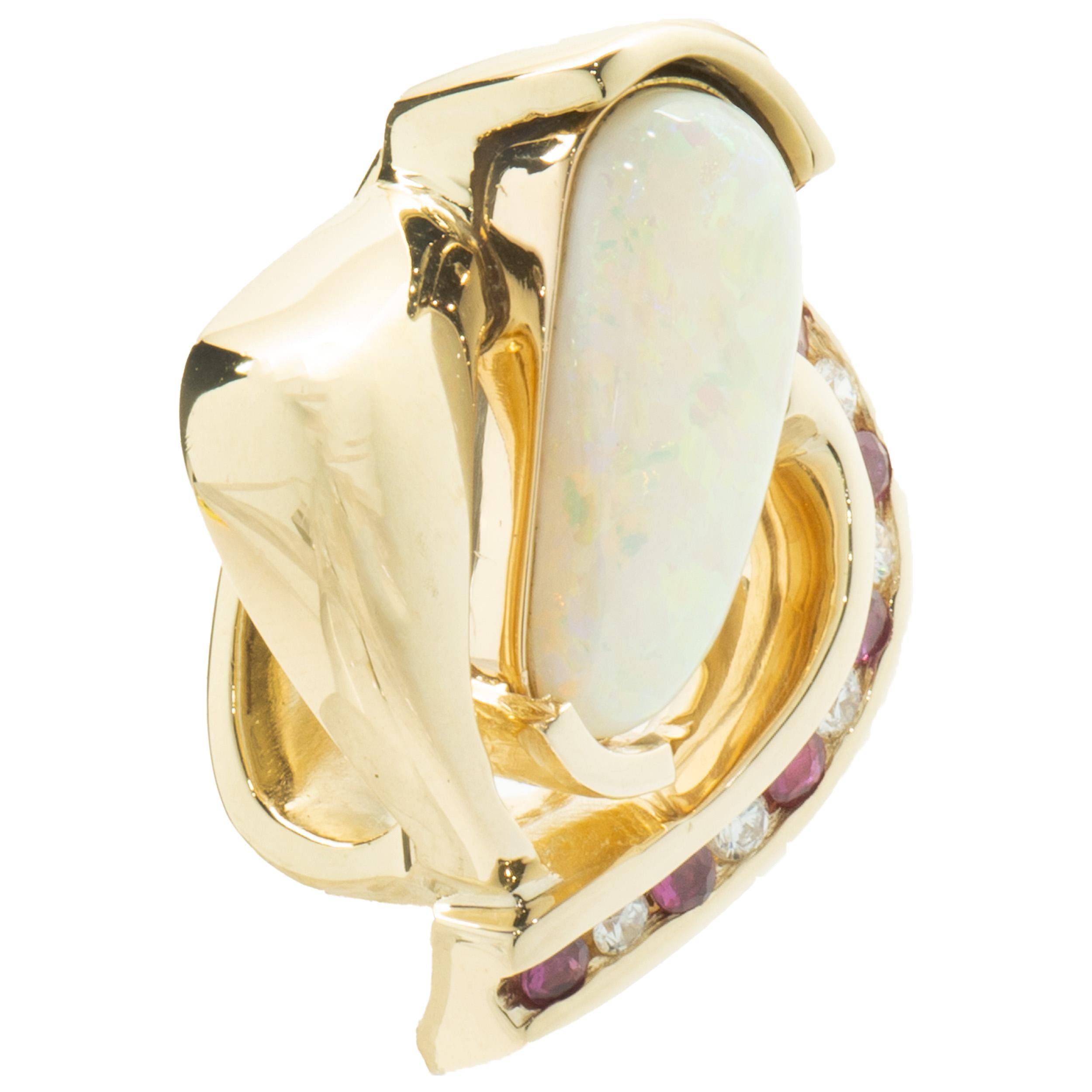 Round Cut 14 Karat Yellow Gold Opal, Diamond, and Ruby Freeform Pendant For Sale
