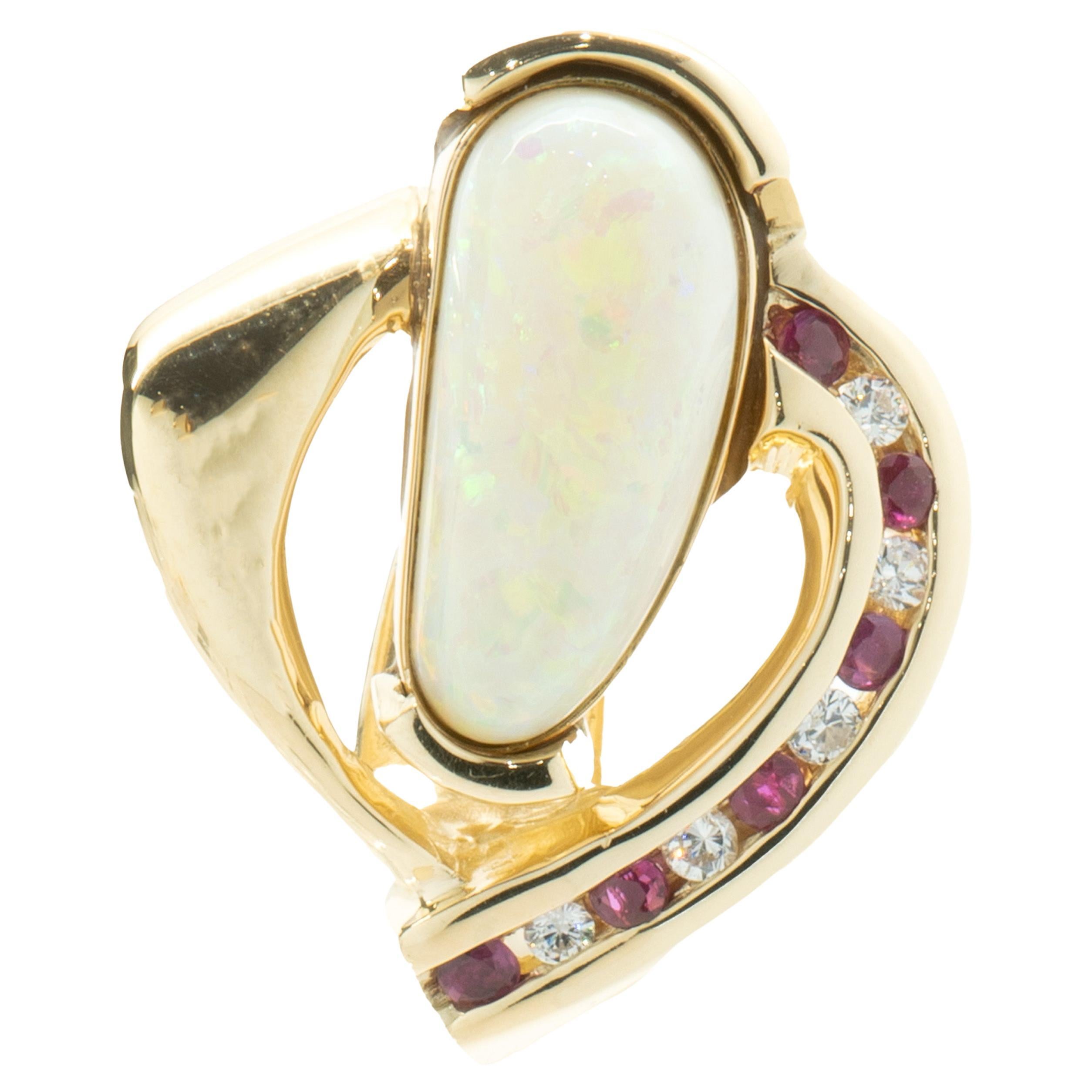 14 Karat Yellow Gold Opal, Diamond, and Ruby Freeform Pendant For Sale