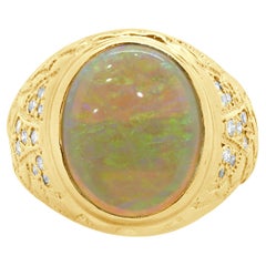 14 Karat Yellow Gold Opal & Diamond Nugget Pattern Ring