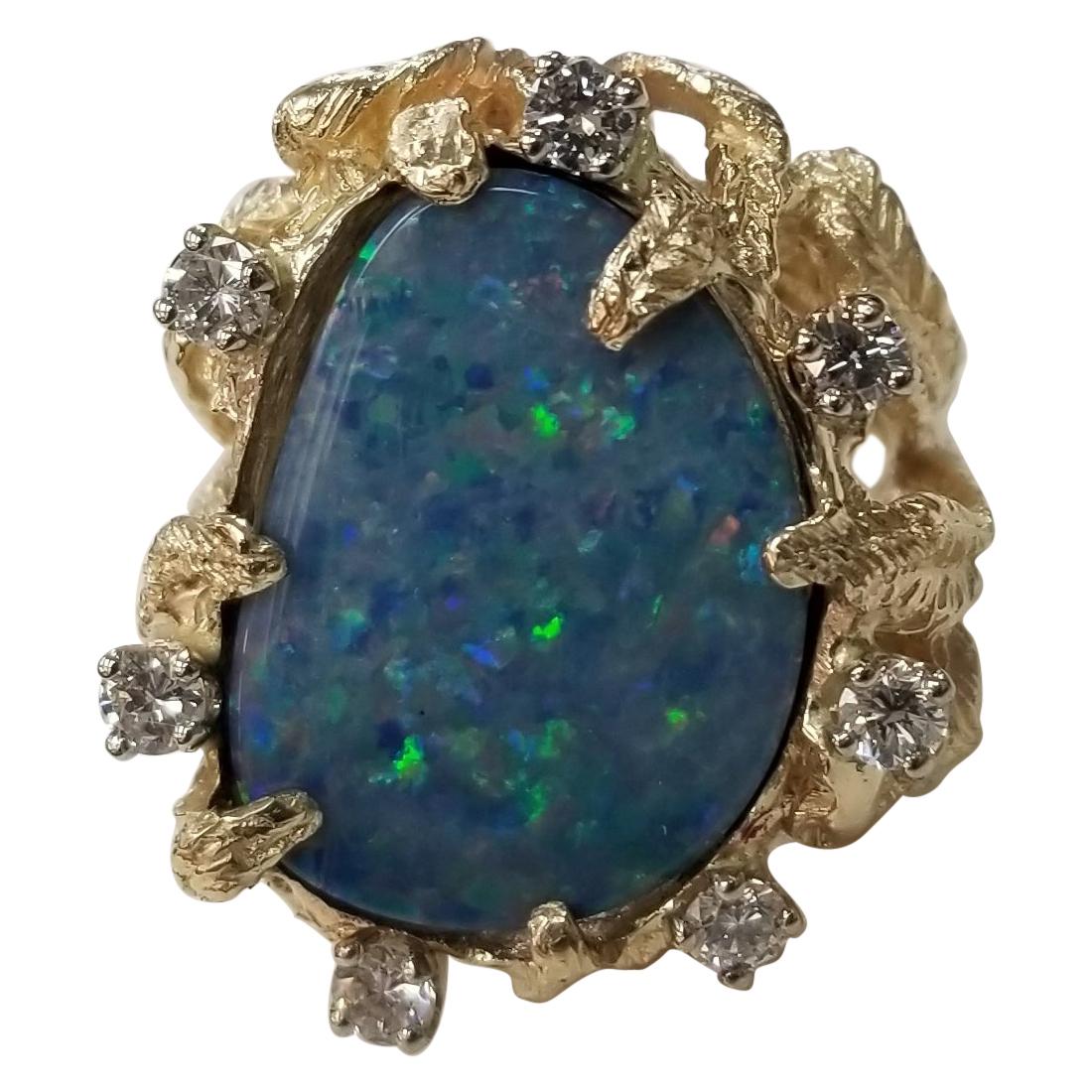 14 Karat Yellow Gold Opal "Doublet" and Diamond Ring in Leaf Setting For Sale