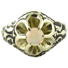 Vintage 14 Karat Yellow Gold Opal Floral Ring Black Antiquing