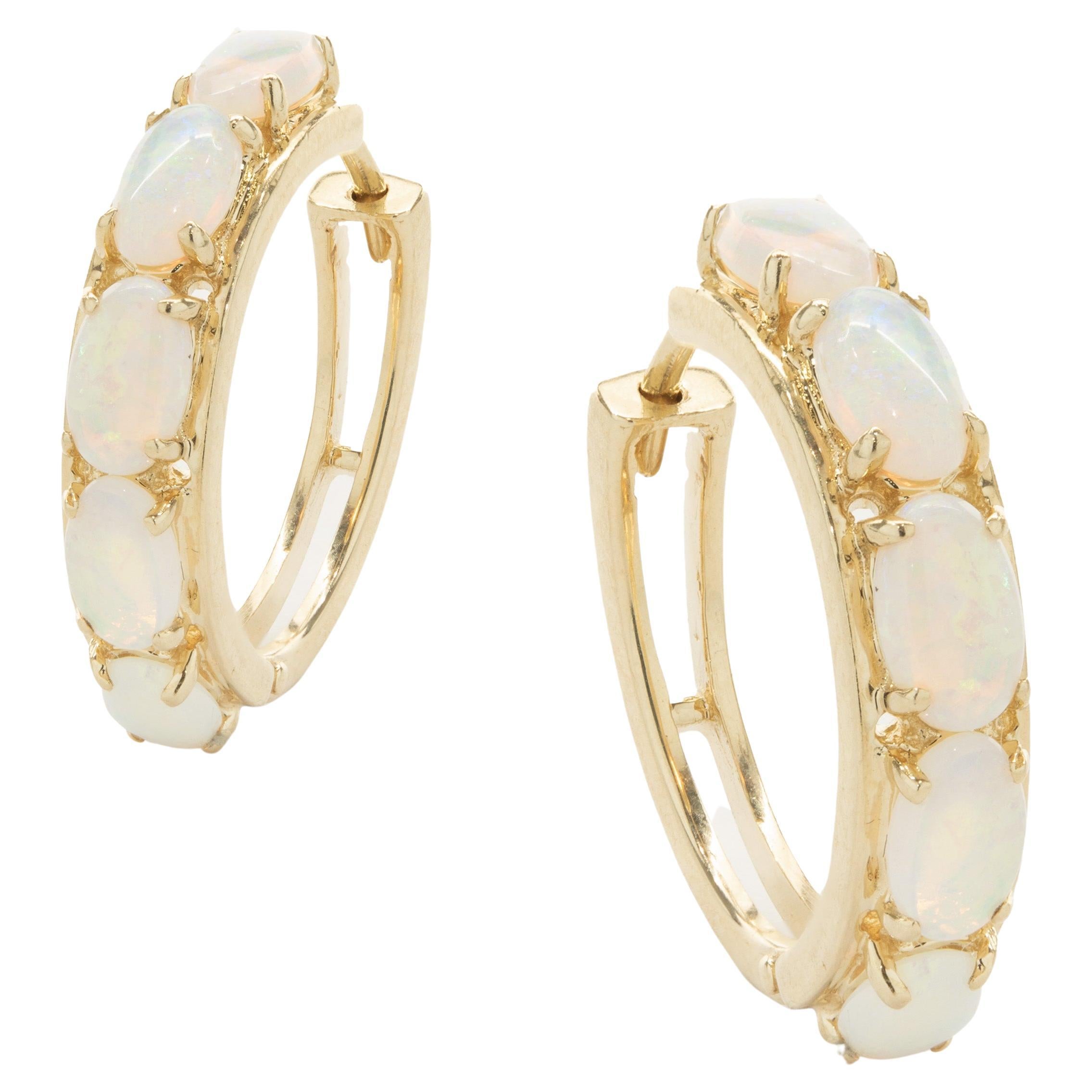 14 Karat Yellow Gold Opal Huggie Hoop Earrings For Sale