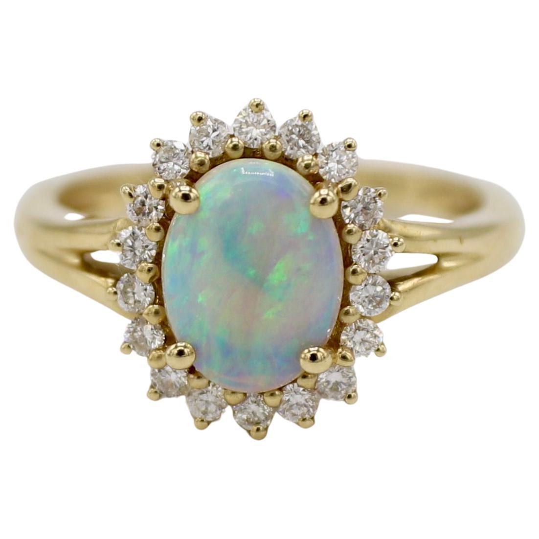 14 Karat Yellow Gold Opal & Natural Diamond Halo Cocktail Ring  For Sale