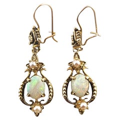 Vintage 14 Karat Yellow Gold Opal 
Pearl Drop Earrings #19383