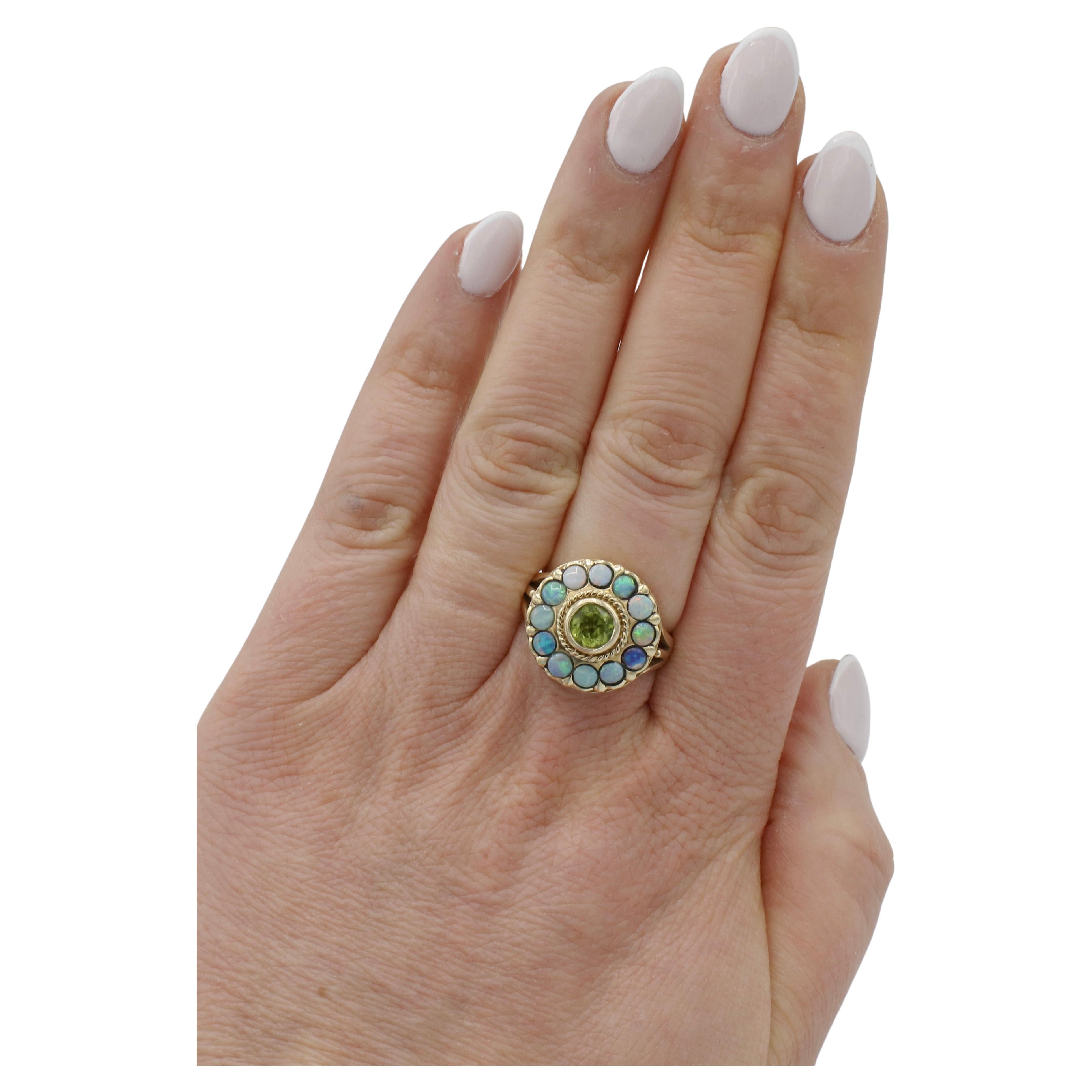 14 Karat Yellow Gold Opal & Peridot Gemstone Cocktail Ring  For Sale 1