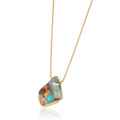 14 Karat Yellow Gold Opal Slice Pendant Necklace 18.0"