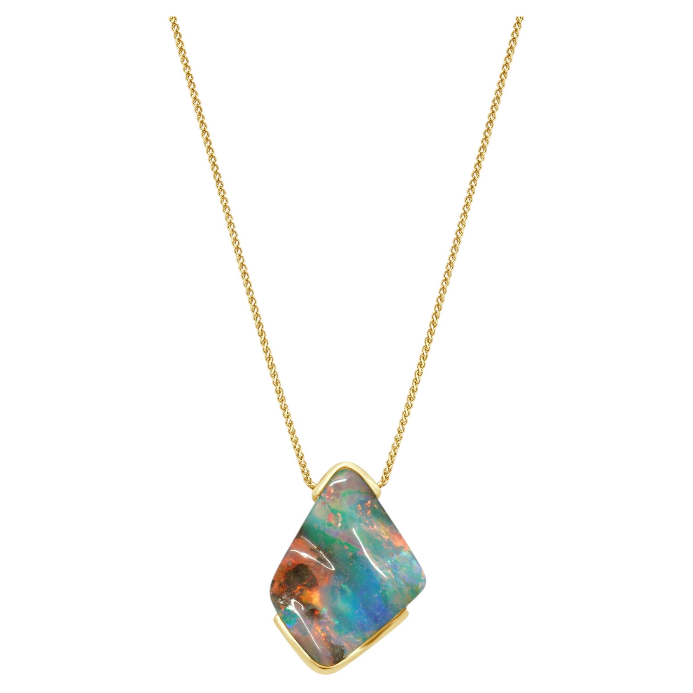 14 Karat Yellow Gold Opal Slice Pendant Necklace 18.0"