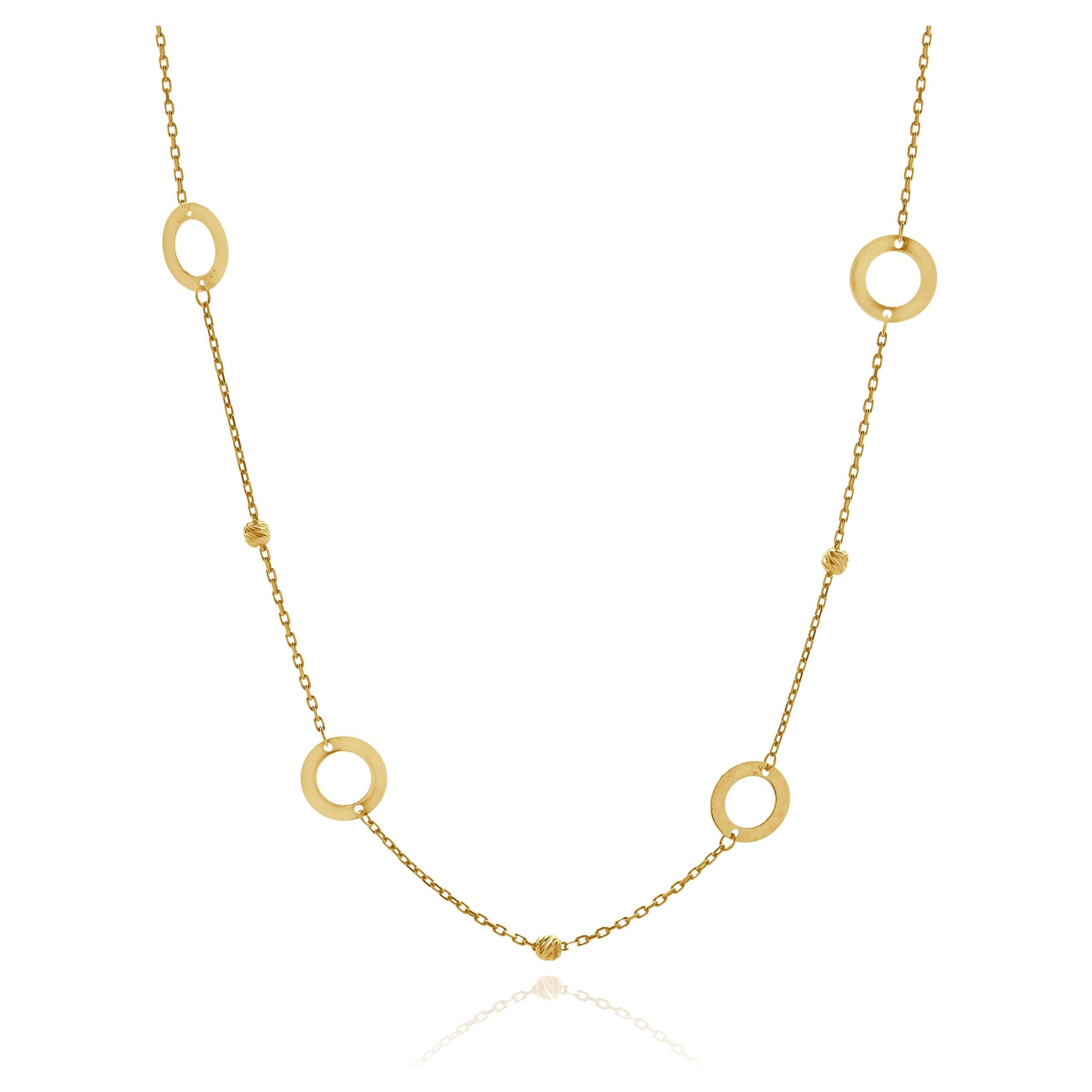14 Karat Yellow Gold Open Circle bead Station Necklace For Sale