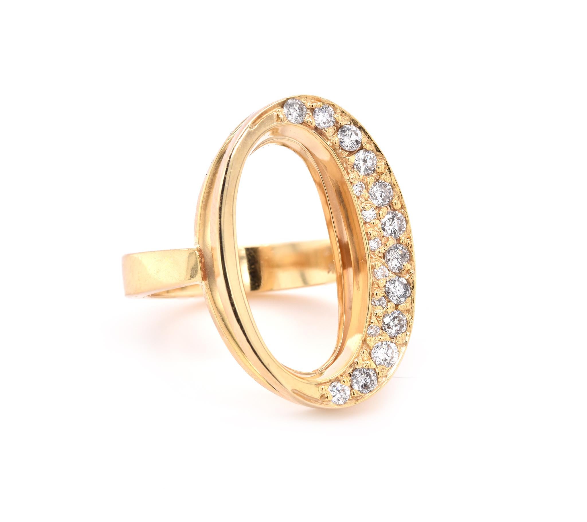 Designer: custom design
Material: 14k yellow gold
Diamonds: 18 round brilliant cut = 1.00cttw
Color: G
Clarity: VS
Ring size: 7 (please allow two additional shipping days for sizing requests)
Dimensions: ring is approximately 24mm X 15.75mm 
Weight: