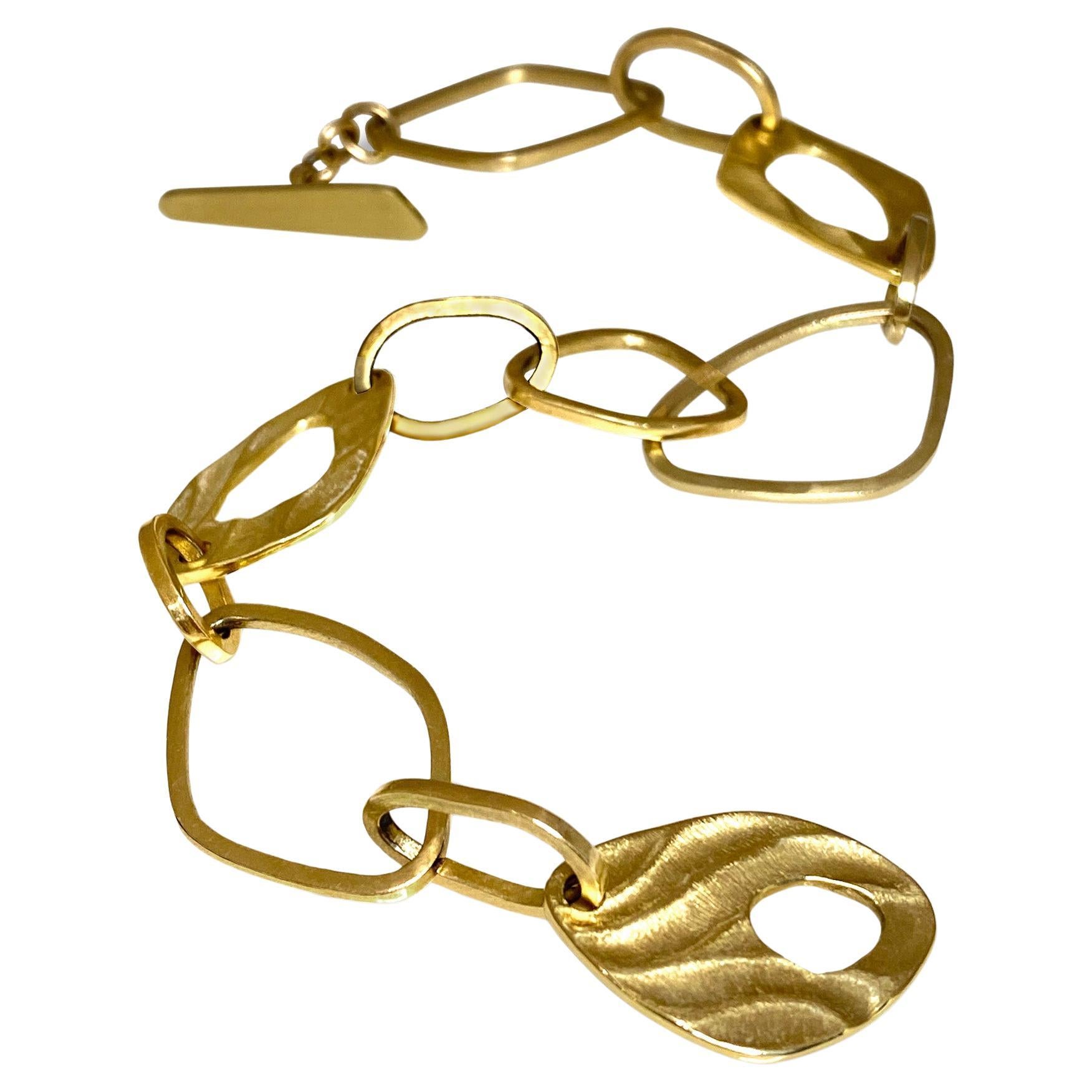  14 Karat Yellow Gold Open Pebble Link Bracelet with Toggle Closure by K.MITA  For Sale