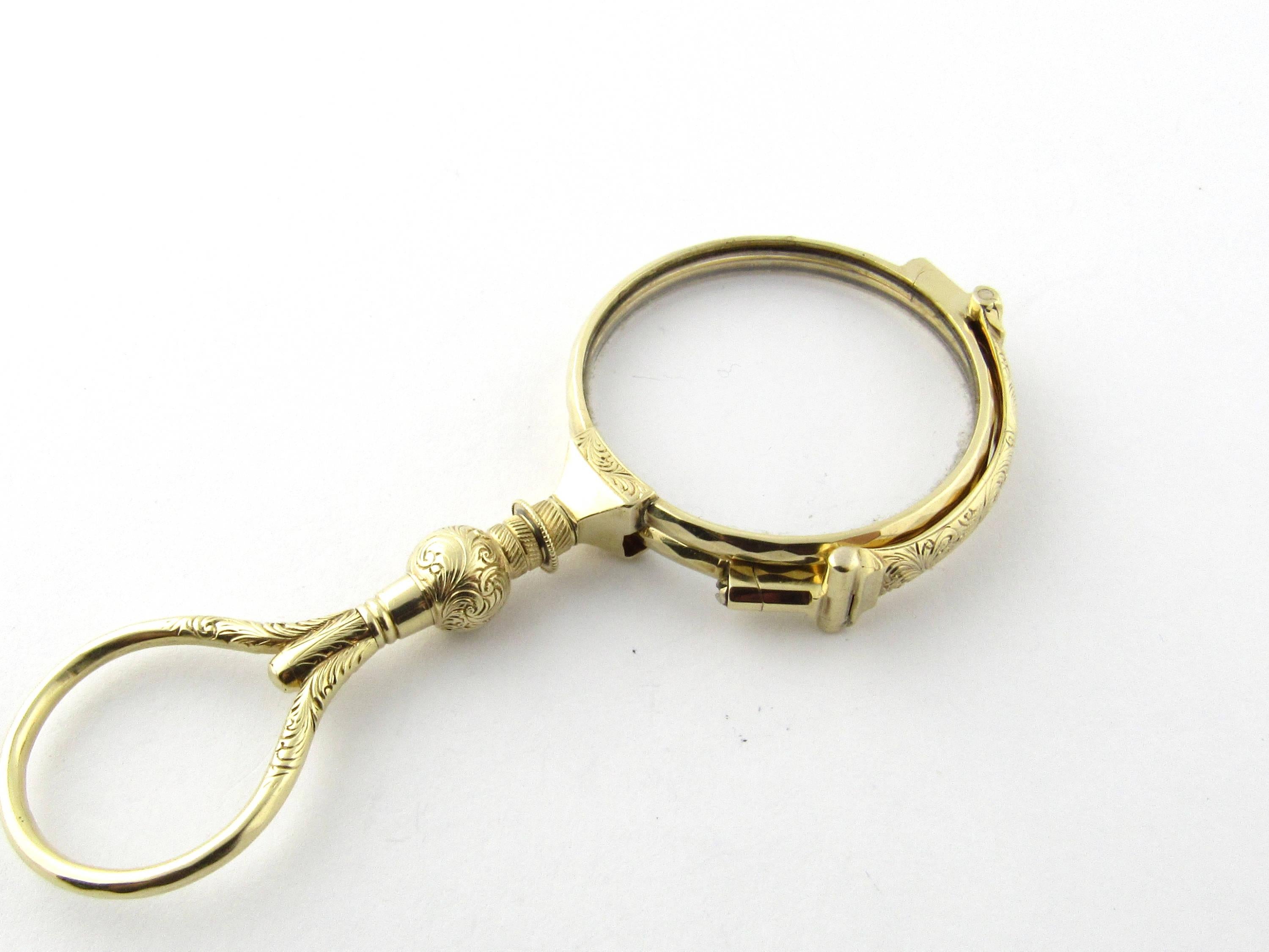 Vintage 14 Karat Yellow Gold Opera Glasses- 
This gorgeous lorgnette is a beautiful example of old-world style. Exquisitely detailed in ornate 14K yellow gold. Folding frames that open to full glasses. Each lens measures 33 mm. Bridge measures 28
