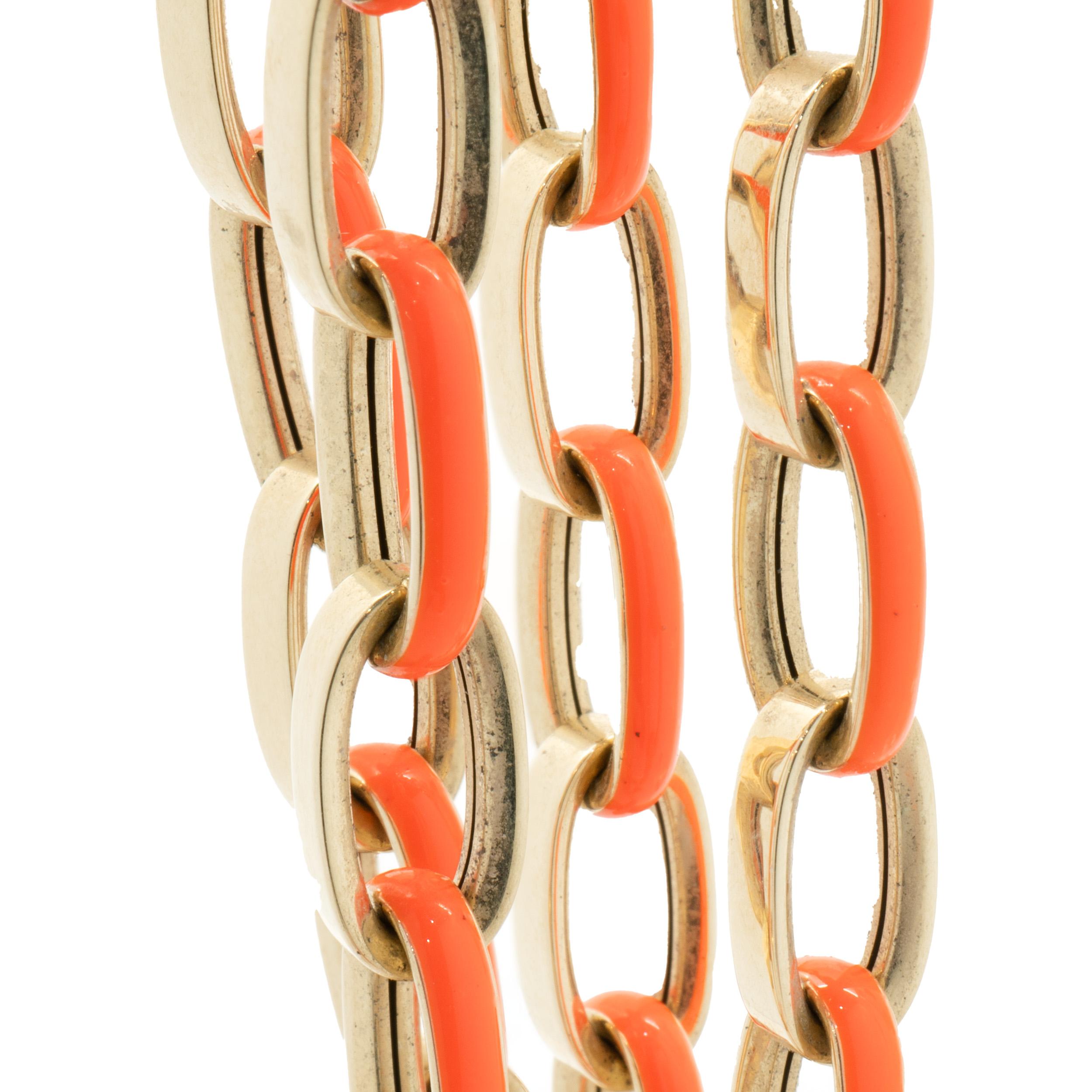 Women's 14 Karat Yellow Gold Orange Enamel Oval Link Chain Necklace For Sale