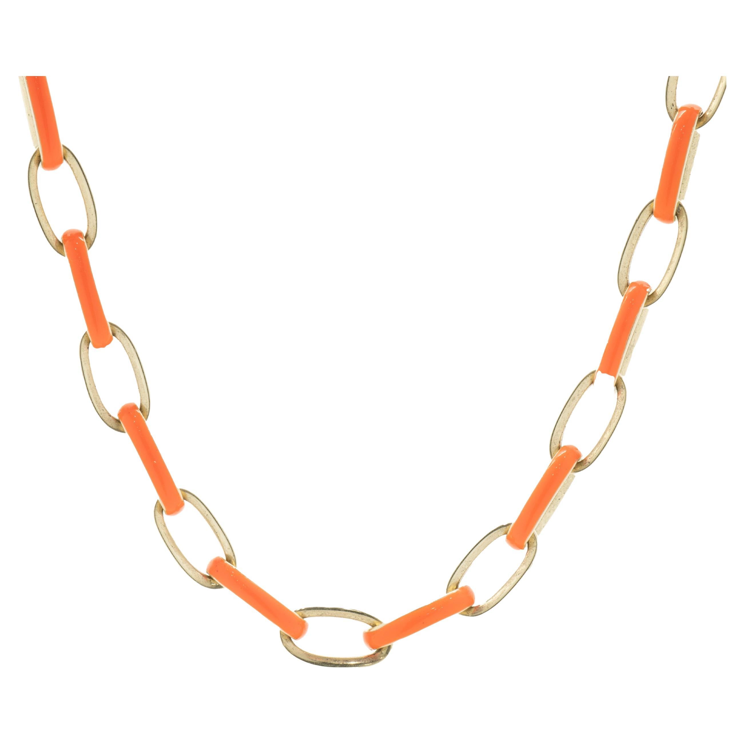 14 Karat Yellow Gold Orange Enamel Oval Link Chain Necklace