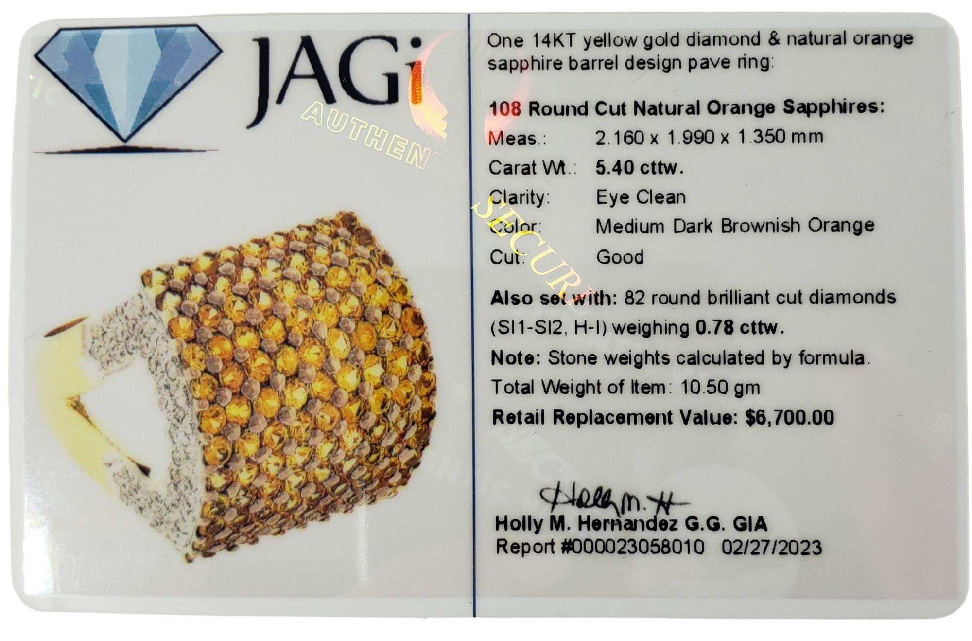 14 Karat Yellow Gold Orange Sapphire and Diamond Ring #14006 For Sale 2