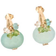 14 Karat Yellow Gold Ornate Chrysoprase Gemstone Drop Earrings