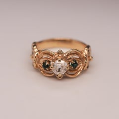 14 Karat Yellow Gold Ornate Old Mine Diamond and Emerald Engagement Ring