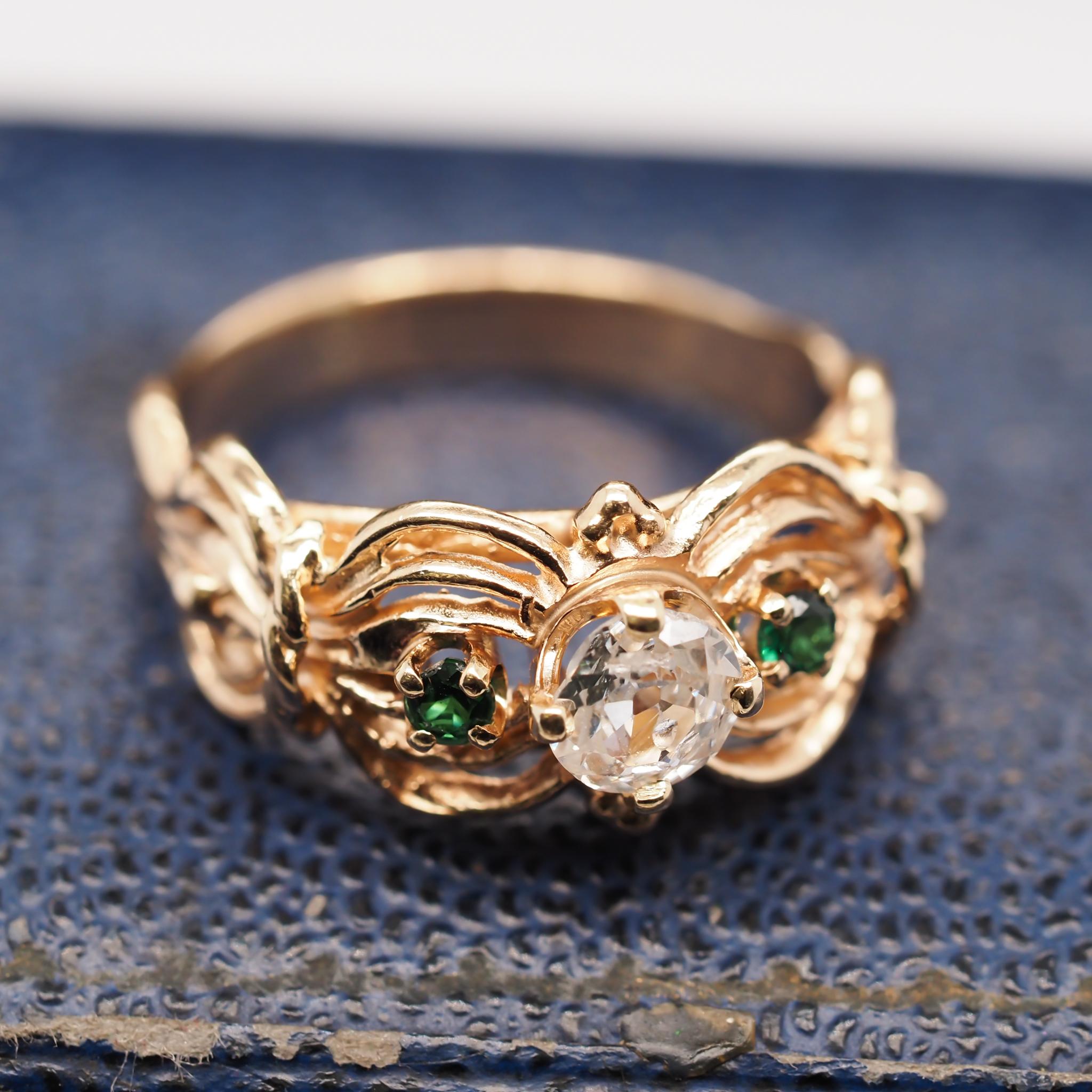 Contemporary 14 Karat Yellow Gold Ornate Old Mine Diamond and Emerald Engagement Ring For Sale