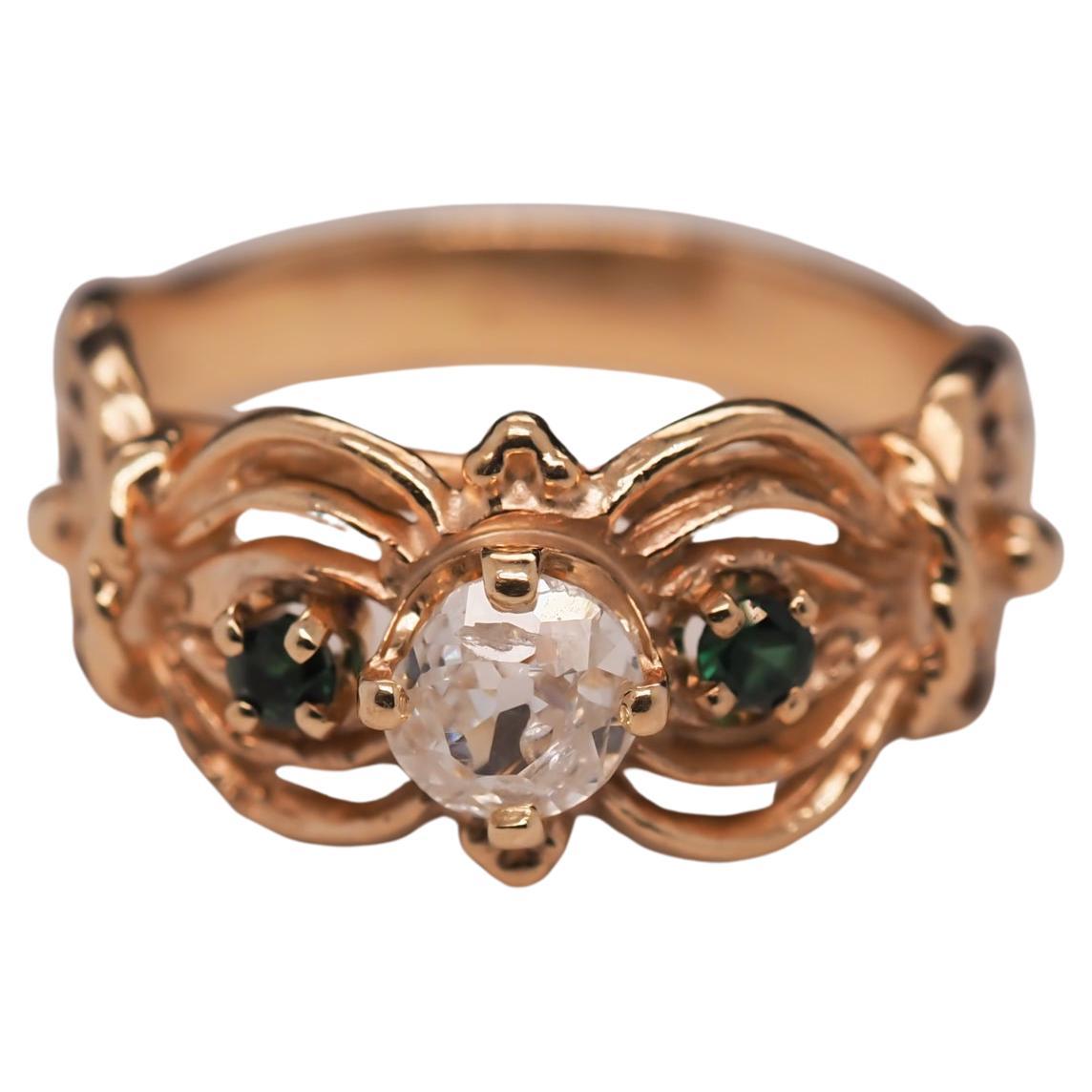 14 Karat Yellow Gold Ornate Old Mine Diamond and Emerald Engagement Ring For Sale