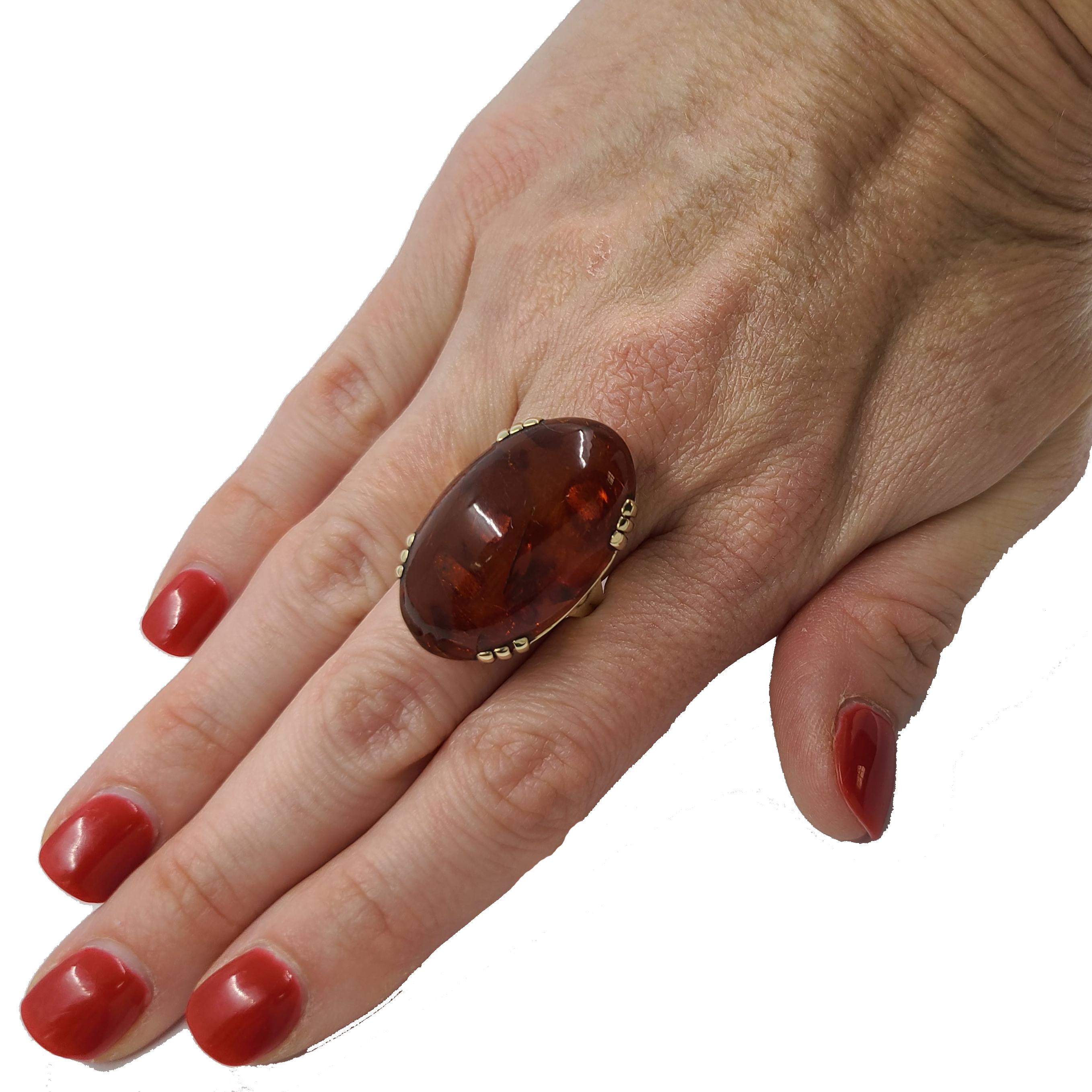 Women's or Men's 14 Karat Yellow Gold Oval Amber Cabochon Cocktail Ring