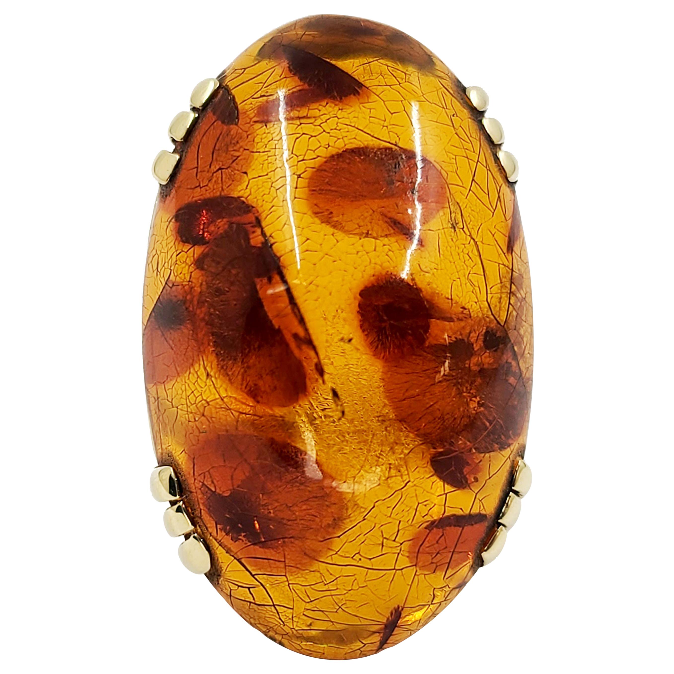 14 Karat Yellow Gold Oval Amber Cabochon Cocktail Ring